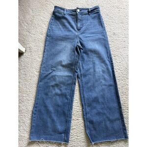 Odyn Women's Wide Leg Jeans Size 4 Boho Retro Denim Raw Hem Patch Pockets
